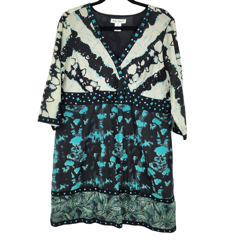 Ulla Popkin 3/4 Sleeve Faux Wrap Long Tunic Colorful Top Size 12/14